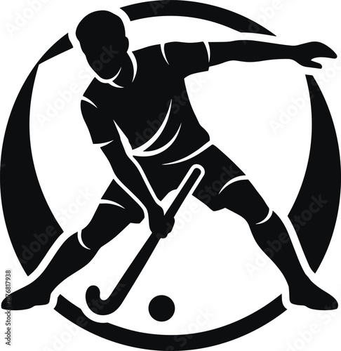 Field hockey player silhouette dribbling ball sport action athlete black vector illustration isolated white background concept