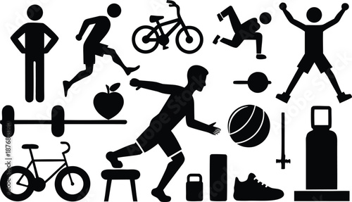Fitness activities silhouettes isolated on transparent background, Vector, illustration