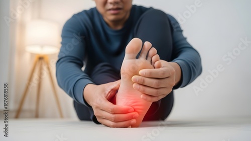 Plantar fasciitis and heel pain orthopedic relief. Podiatry therapy and foot care. Man sitting on the floor holding his foot with a glowing red spot on the heel representing soreness