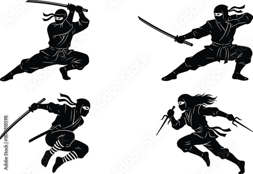 Ninja warrior silhouettes combat action poses sword martial arts stealth black vector illustration isolated white background set