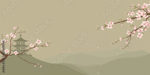 Beautiful pink japanese sakura cherry blossom tree branch with flowers and leaves nature vector illustration for spring season design