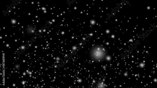 Loop snow animation and motion graphics big and small snowflakes and falling snow with black background, snow, star