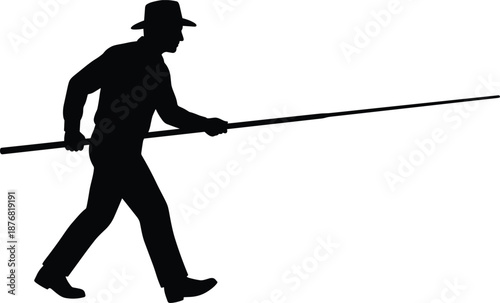 Traditional fisherman walking silhouette carrying long pole rural lifestyle work black vector illustration isolated white background concept