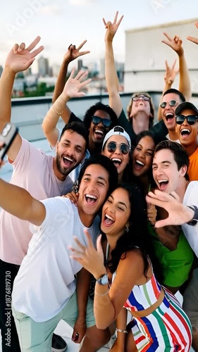 Group of young friends enjoying a rooftop celebration in the city during the summer