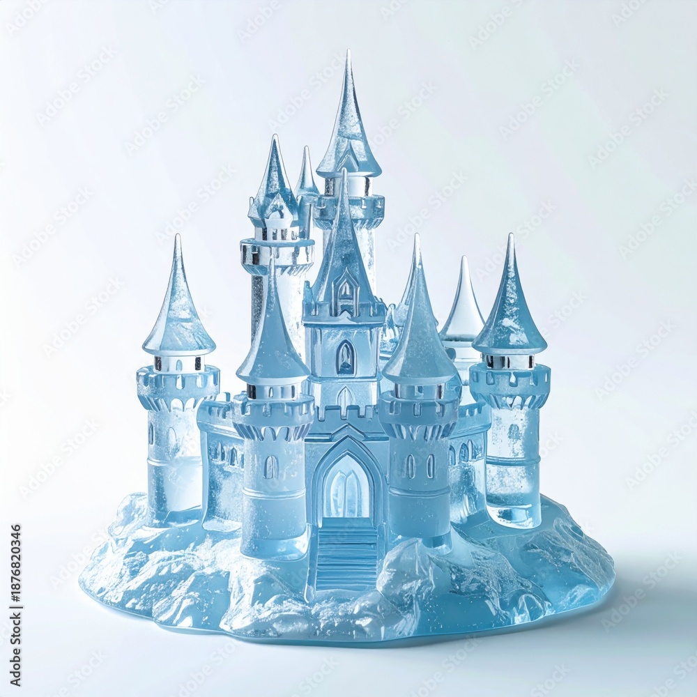 Obraz premium Intricate Blue Ice Castle Sculpture on a White Surface Detailed Craftsmanship