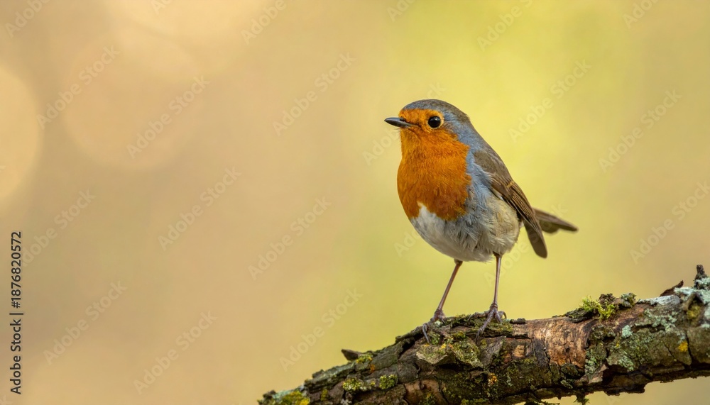 Fototapeta premium European Robin Perched on Mossy Branch with Blurry Bokeh Background in Sunlight