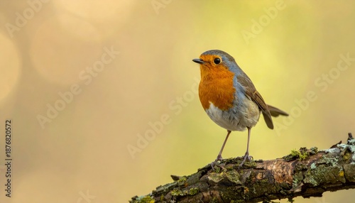 European Robin Perched on Mossy Branch with Blurry Bokeh Background in Sunlight