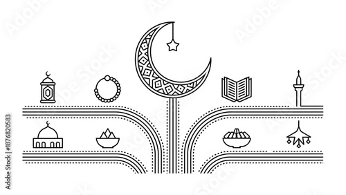 Ramadan Celebration Symbols: Elegant, monochromatic illustration of traditional elements. Embracing the essence of reflection and communal spirit.
