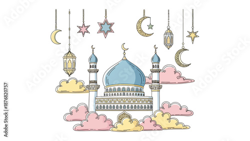 Wallpaper Mural Enchanting Mosque Illustration: A delicately drawn mosque, crowned with a serene blue dome, is adorned with celestial embellishments such as hanging crescent moons and twinkling stars. Torontodigital.ca