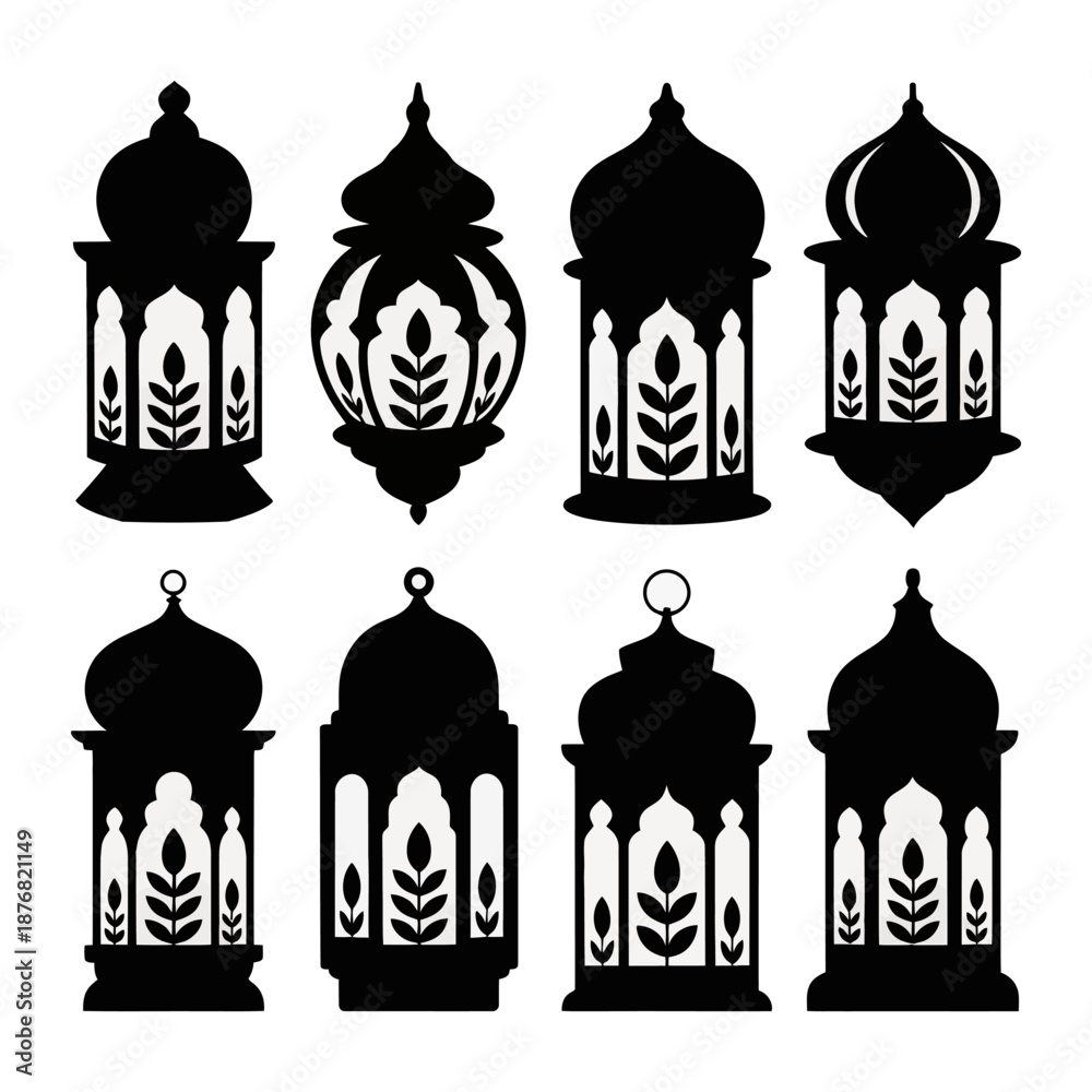 Obraz premium Islamic Lanterns Silhouettes: A collection of intricately designed, black silhouette lanterns, each radiating a sense of cultural richness and traditional design.