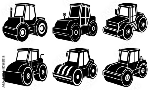 Six Black and White Construction Roller Machines on White Background