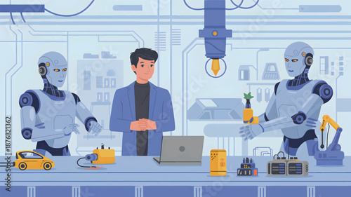 A man standing between two robots in a workshop with various tools and equipment, factory industrial