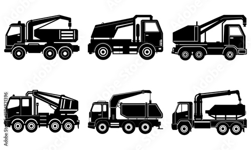 Six Black Tow Trucks with Cranes on White Background