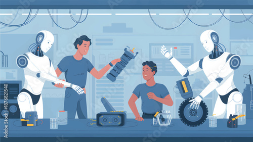 Men working with robots in a workshop, factory machines