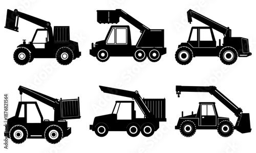 Six Black Construction Trucks with Cranes on White Background silhouette