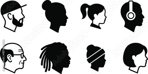 Diverse people profile silhouettes, human head avatars, man woman child faces side view, user portrait icons, community group symbols, audience character.