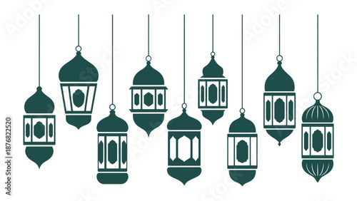 Islamic Lanterns: An array of detailed teal lanterns hangs in mid-air, casting an aura of peace and reflection, illuminating a serene atmosphere.