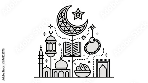 Ramadan Icon Set: A minimalistic illustration depicts the spirit of Ramadan, showcasing key cultural and religious symbols in elegant lines. 