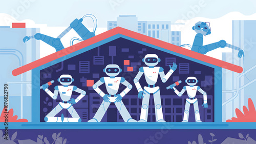 Robots standing in front of a house with robotic arms factory industry