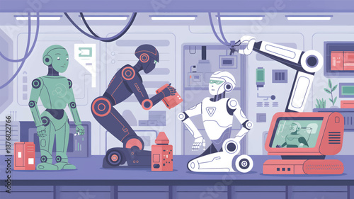 Robots working in a laboratory setting with machinery and equipment in a factory