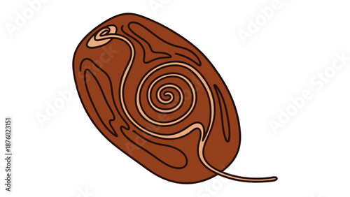 Sweet Delight: A single date fruit, its skin glistening with rich brown tones, displays an intricate, swirling pattern at its core, revealing the natural artistry of the date.