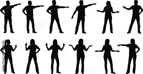 People pointing and arguing silhouettes collection, men and women gestures poses, black vector illustration set for communication and conflict concept