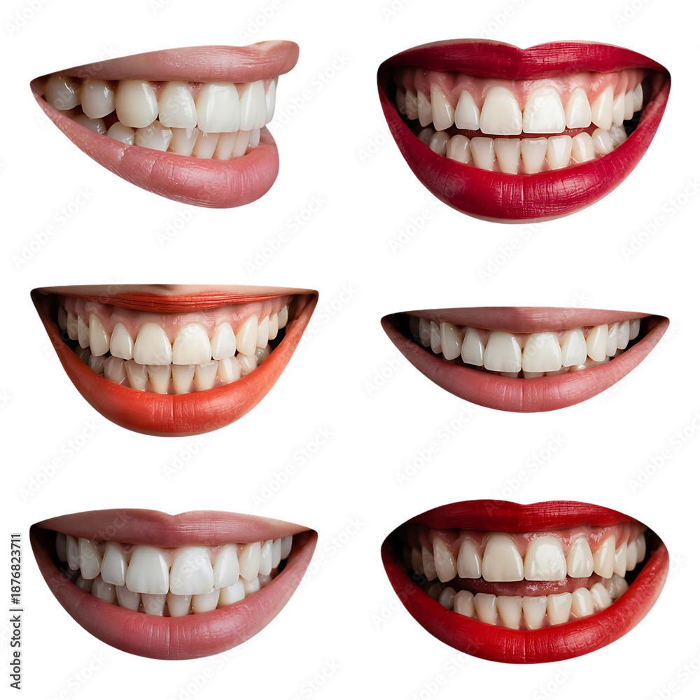 Obraz premium A collection of six different smiling mouth images with varying lip colors and expressions presented beautifully on transparent background high quality