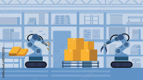 Robotic arms moving boxes on warehouse floor industrial automation