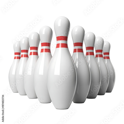 A realistic depiction of ten white bowling pins arranged closely together featuring red stripes on transparent background high quality professional detailed
