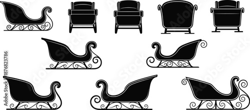 Santa sleigh silhouettes collection, Christmas sled designs, black vector illustration set for holiday decoration, winter greeting cards and festive graphics