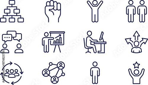 Business management and human resources line icon set showing teamwork leadership communication strategy growth analytics workplace productivity and professional success concepts