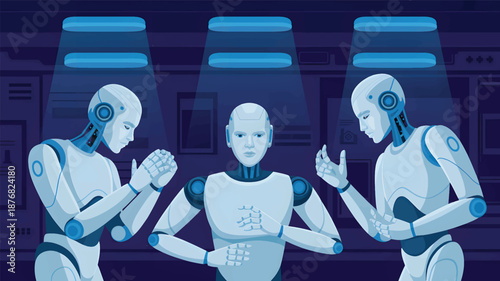 Three robots communicating in a dark blue room, humanoid robots, blue robots, dark blue background design