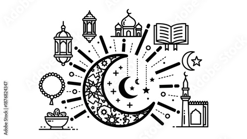 Lunar Reverie: A composition of key symbols that evoke the spirit of a holy month, with the graceful crescent moon at the heart of the design.