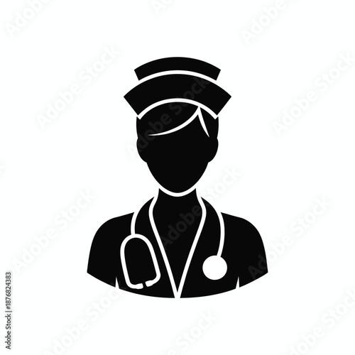 a black and white icon of a nurse with a stethoscope