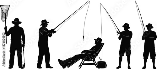 Fishing silhouettes, anglers with rods, relaxing fisherman chair, outdoor sport activity, black vector illustration, isolated on white background stock design