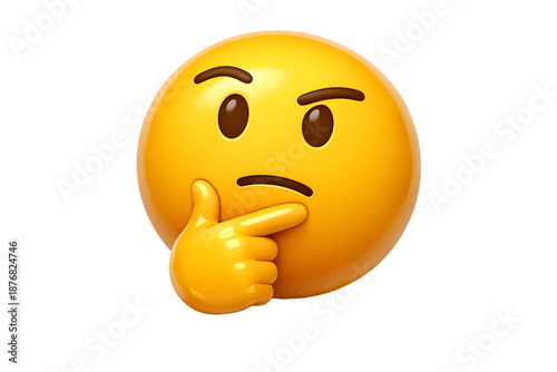 A vibrant yellow emoji expressing thoughtfulness with a hand on chin featuring detailed shading and a curious expression on transparent background