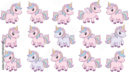 Cute Unicorn Illustration Set Featuring Pastel Rainbow Ponies with Wings and Magical Fantasy Elements in Cartoon Style