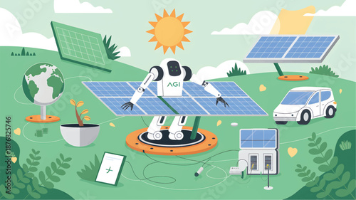 White robot with AGI label, maintaining solar panels in ga reen field with sun andan  electric car