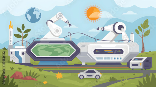 Futuristic space station with robotic arms and Earth view in the background, green planet design