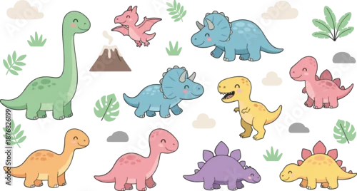 Obraz Cute Baby Dinosaur Illustration Set – adorable cartoon dinosaurs including brontosaurus, triceratops, stegosaurus, T-rex, pterodactyl, and baby dinos with volcano, leaves, and clouds .