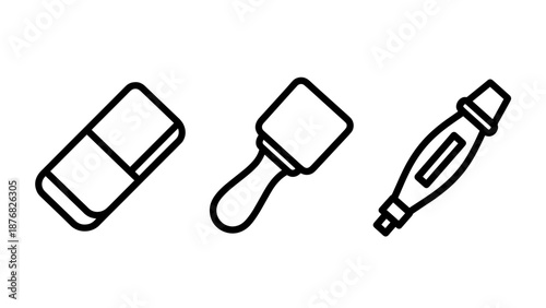 Stationery icons: eraser, stencil brush, and marker pen, representing creativity, correction, and artistic tools.