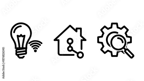 Smart home and technology icons: connected light bulb, smart house system with data points, and gear with magnifying glass for analysis.