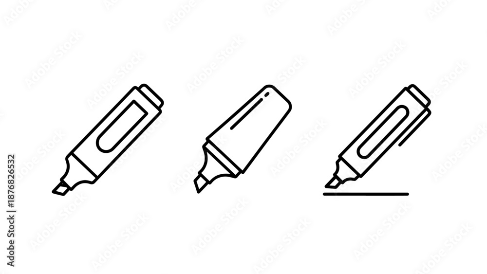 Fototapeta premium Stationery highlighter and marker pen line icons for office work, school study, and document underlining.