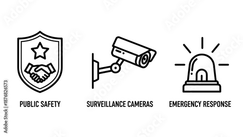 Public safety and emergency response line icons including handshake shields, surveillance cameras, and siren alarms.
