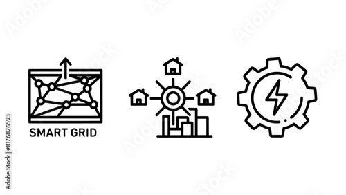 Renewable energy and smart grid management icons showing urban power distribution networks, solar residential energy systems, and efficient electrical engineering symbols.