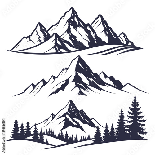 Silhouette of snow-capped mountains with pine trees