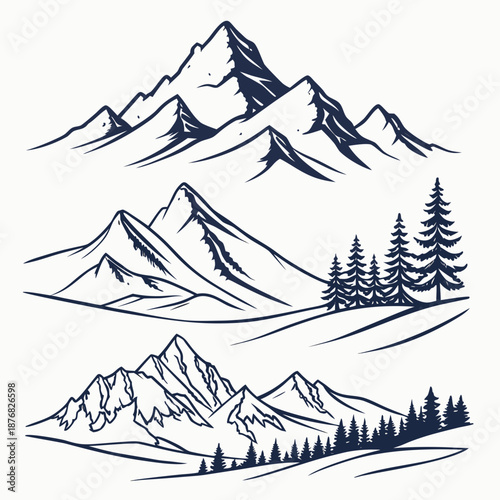 Illustrated mountain range with pine trees