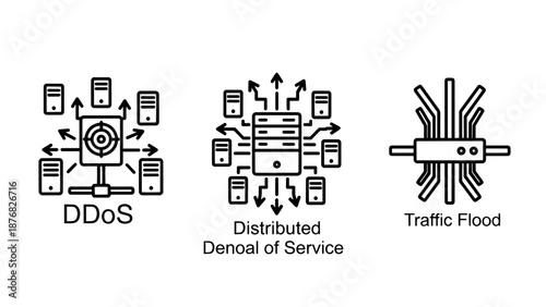 Network security and cyber attack icons representing DDoS attacks, distributed denial of service server overloads, and malicious internet traffic floods.
