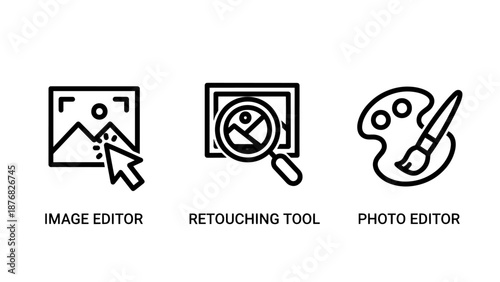 Graphic design and photography editing tool icons set showing digital image manipulation, photo retouching magnifier, and artistic color palette tools.