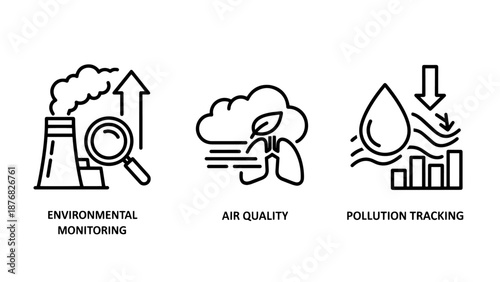 Environmental conservation and pollution monitoring icons featuring industrial emission tracking, air quality health lungs, and water contamination analytics.